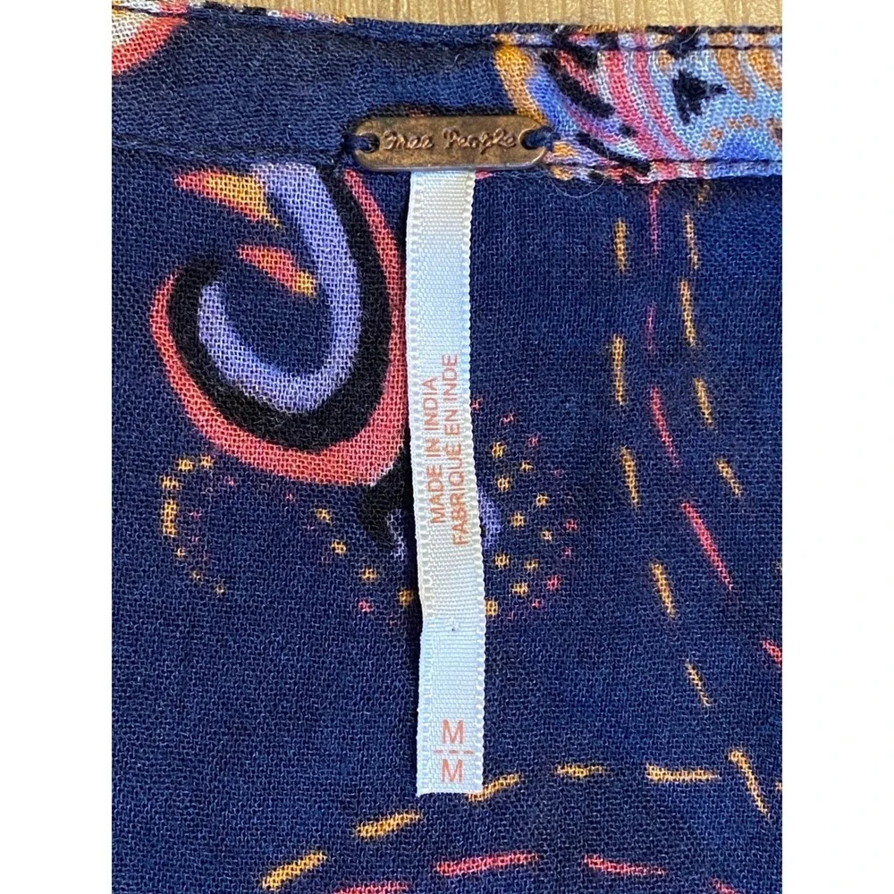 Free People Navy Floral Paisley Tunic Top Crochet Lace Balloon Sleeve Size M